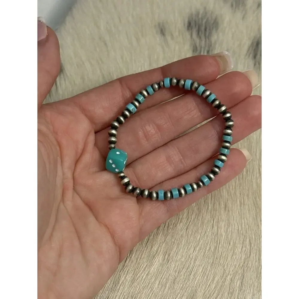 Native American Sterling Silver Navajo Pearl Turquoise Stretch Bracelet Dice